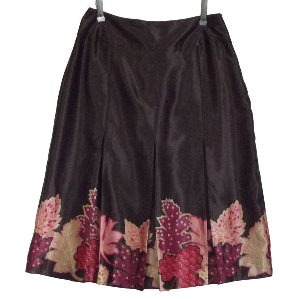 Susan Bristol Fall Leaves A-Line Skirt 4 Brown Silk Midi inverted box pleated
